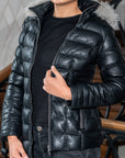 Women’s Black Leather Puffer Coat with Fur Hood | Winter Quilted Leather Jacket