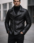 Men’s Black Double-Breasted Leather Jacket – Premium Biker Style Designer Jacket