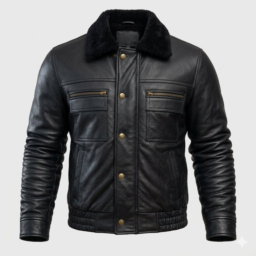 Men's Black Leather Bomber Jacket with Fur Collar – Premium Winter Aviator Biker Jacket XXS-4XL