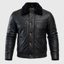 Men's Black Leather Bomber Jacket with Fur Collar – Premium Winter Aviator Biker Jacket XXS-4XL