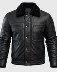 Men's Black Leather Bomber Jacket with Fur Collar – Premium Winter Aviator Biker Jacket XXS-4XL