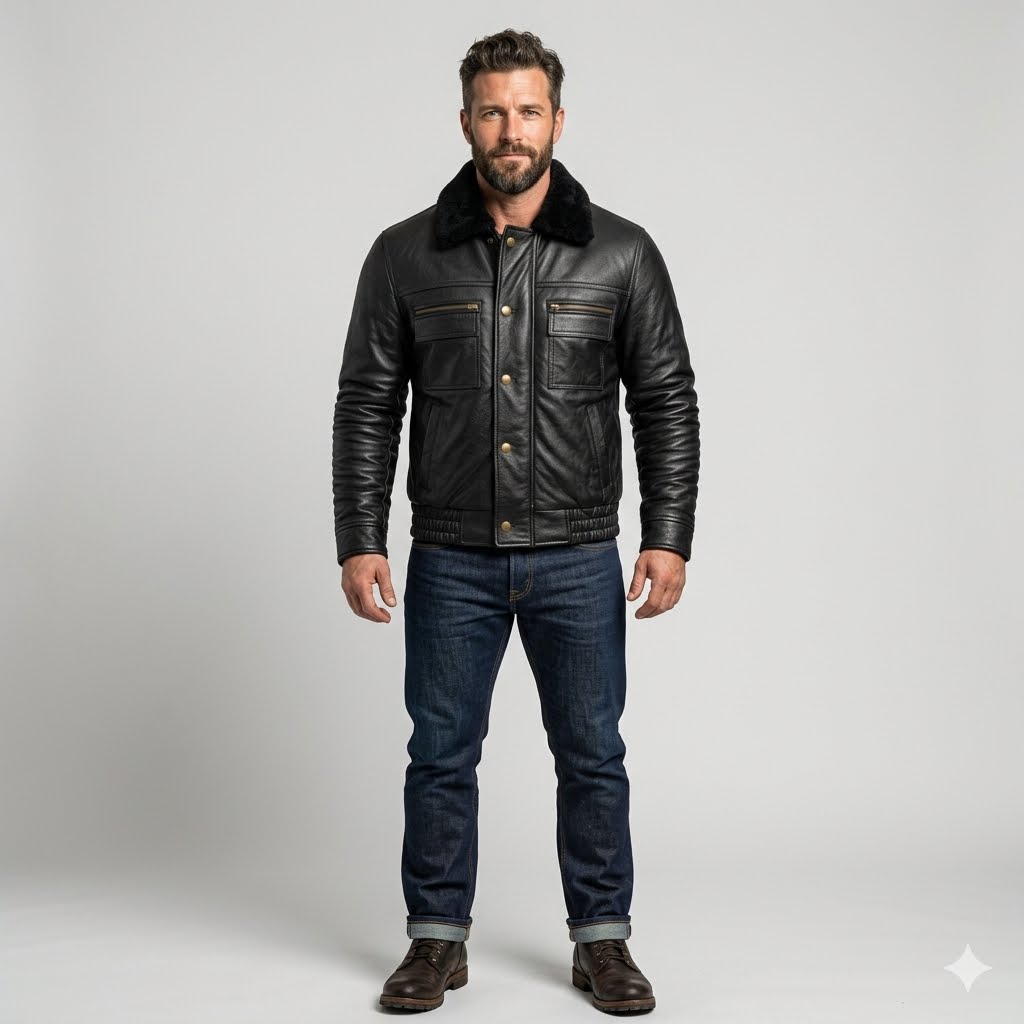 Men's Black Leather Bomber Jacket with Fur Collar – Premium Winter Aviator Biker Jacket XXS-4XL