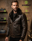 Men’s Dark Brown Shearling Leather Jacket – Winter Fur Collar Bomber Jacket