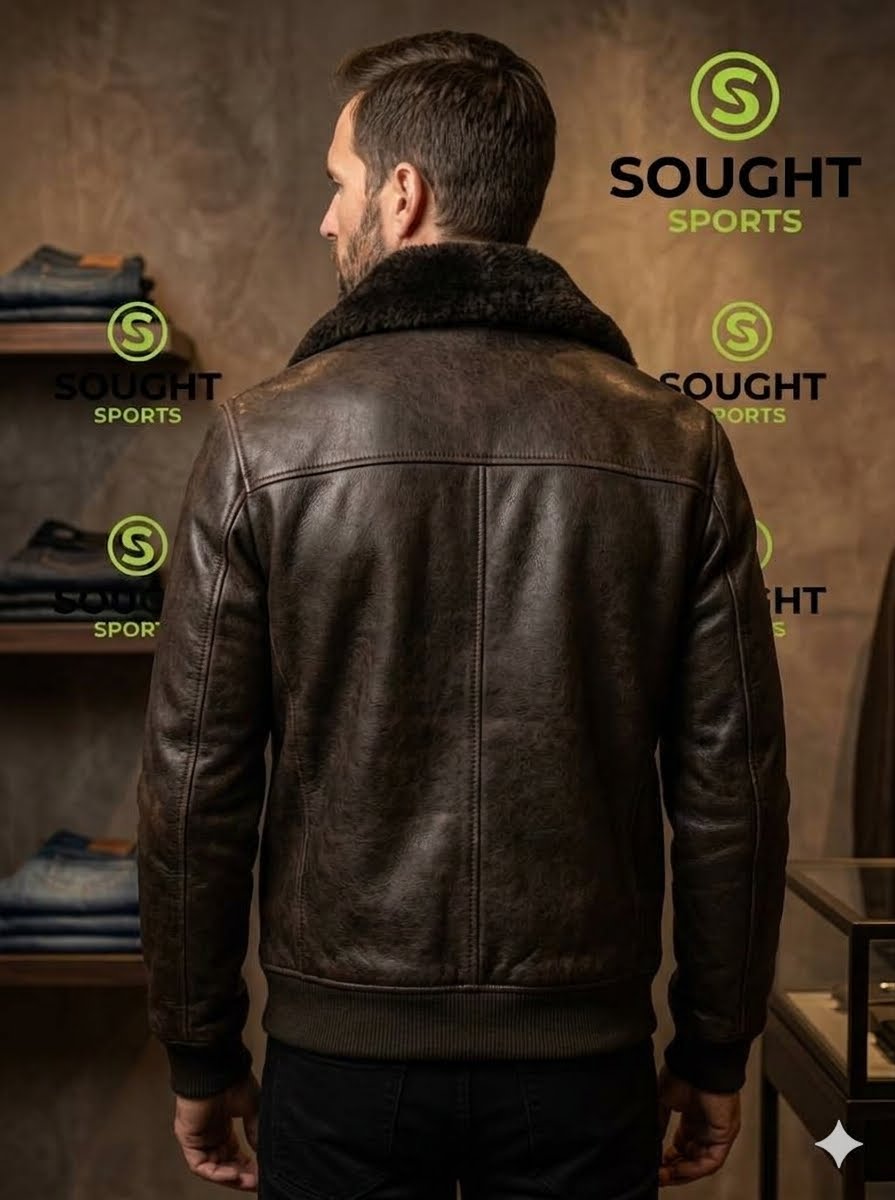 Men’s Dark Brown Shearling Leather Jacket – Winter Fur Collar Bomber Jacket