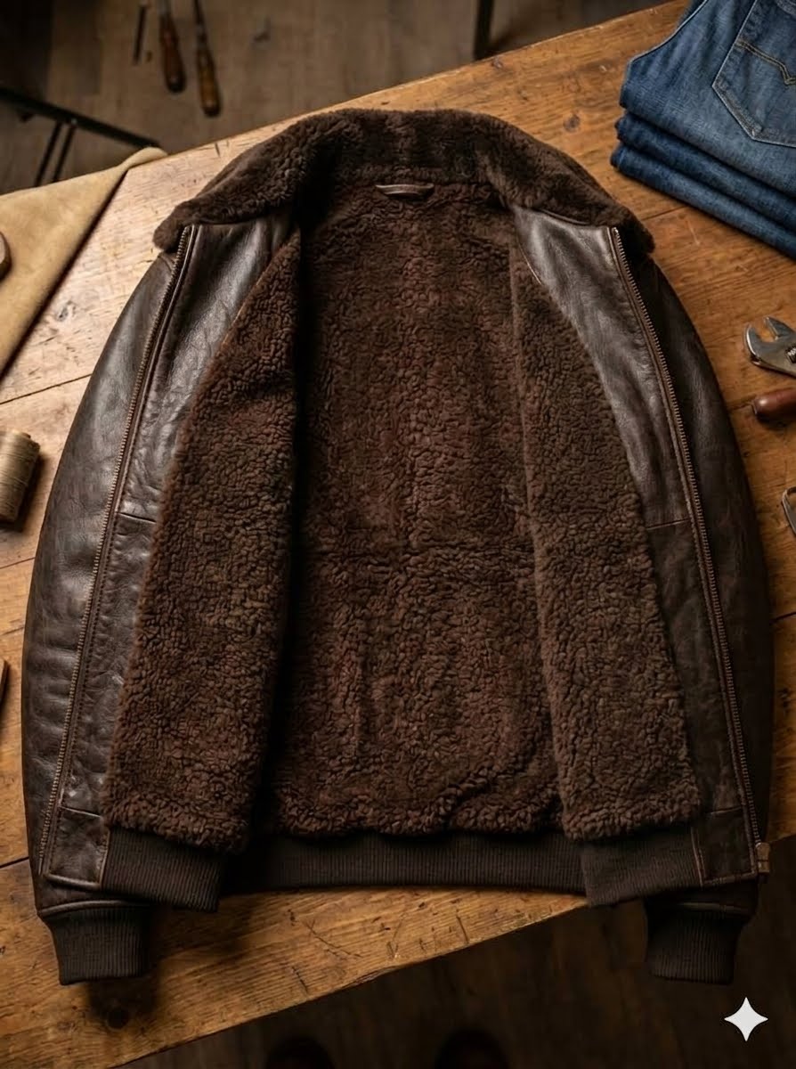 Men’s Dark Brown Shearling Leather Jacket – Winter Fur Collar Bomber Jacket