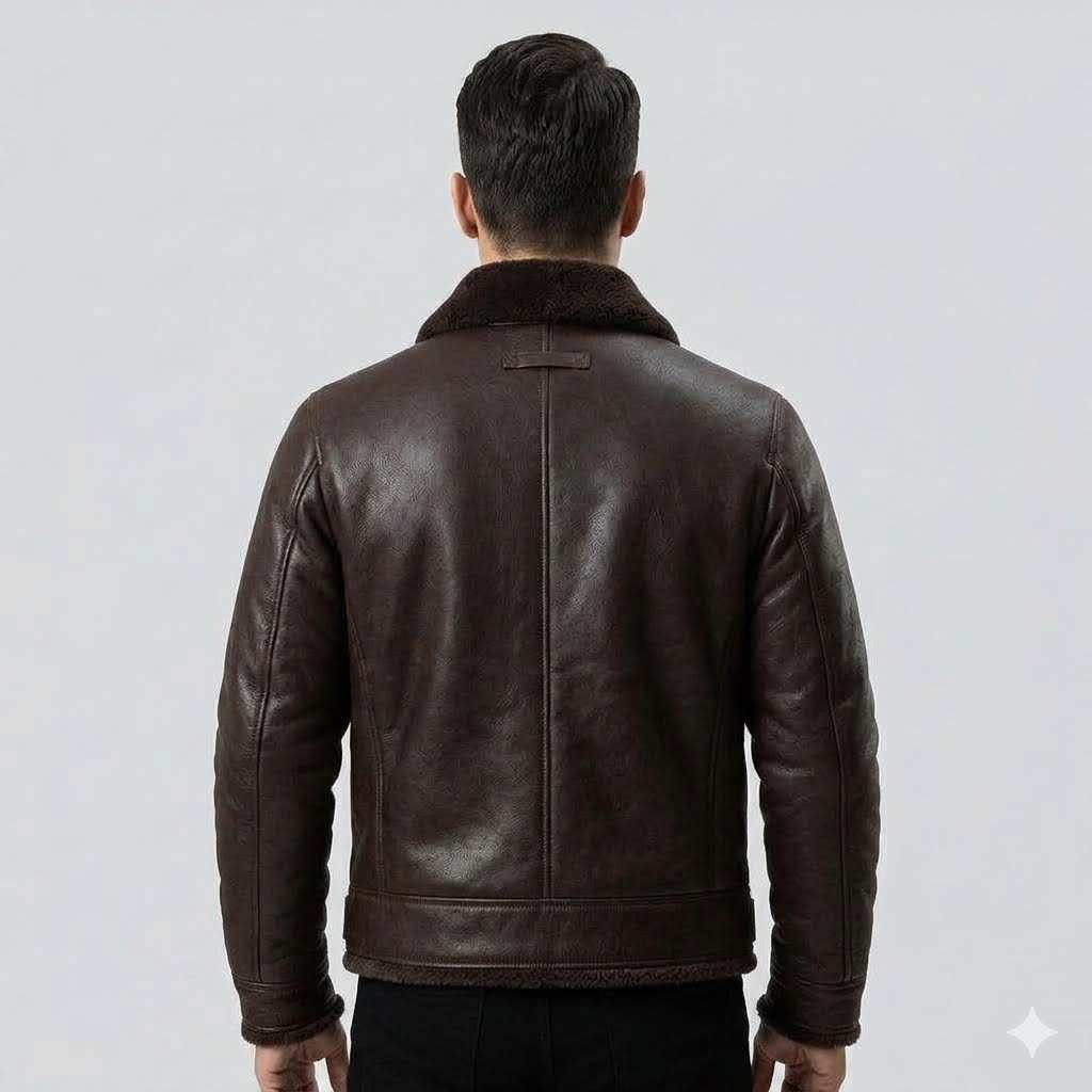 Men's Brown Shearling Leather Jacket with Fur Collar – Winter Aviator Bomber Jacket