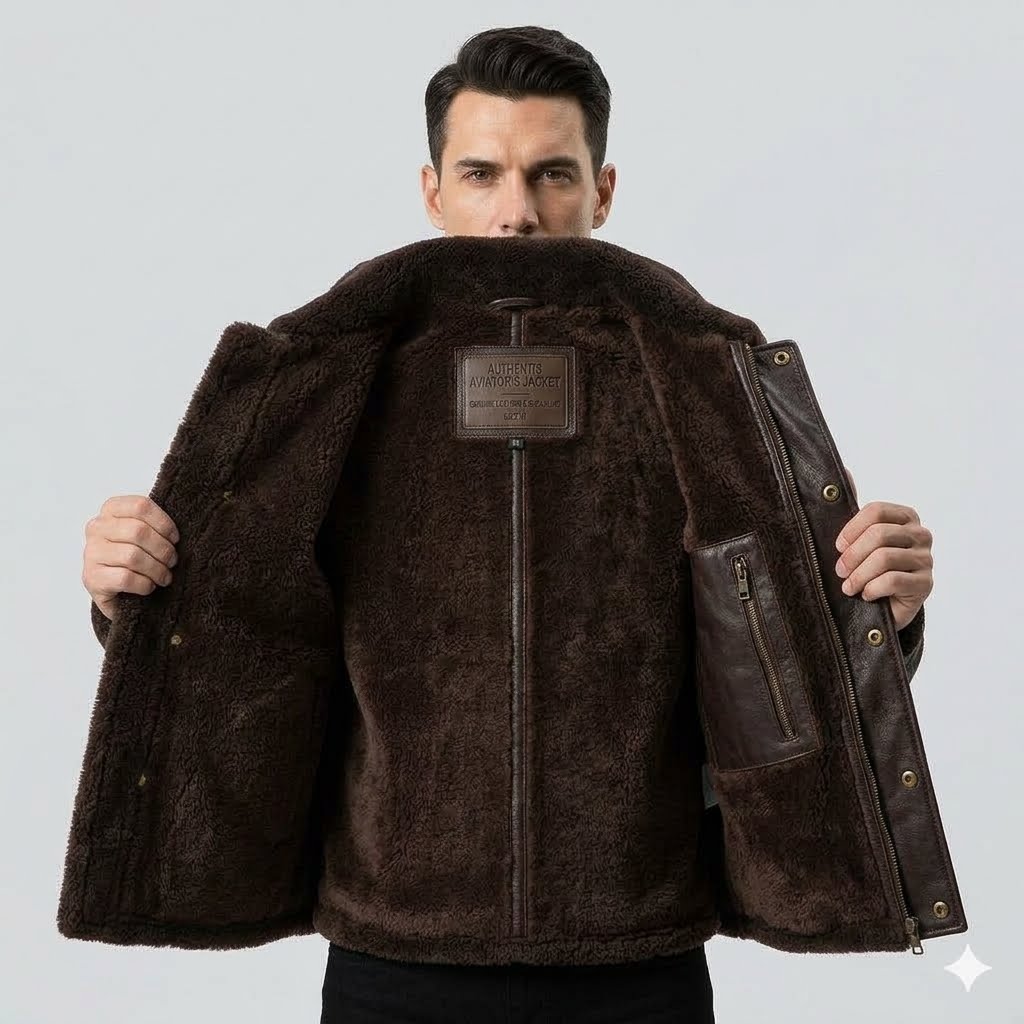 Men's Brown Shearling Leather Jacket with Fur Collar – Winter Aviator Bomber Jacket