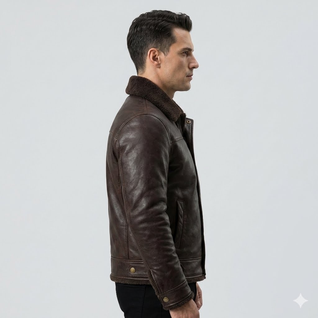 Men's Brown Shearling Leather Jacket with Fur Collar – Winter Aviator Bomber Jacket