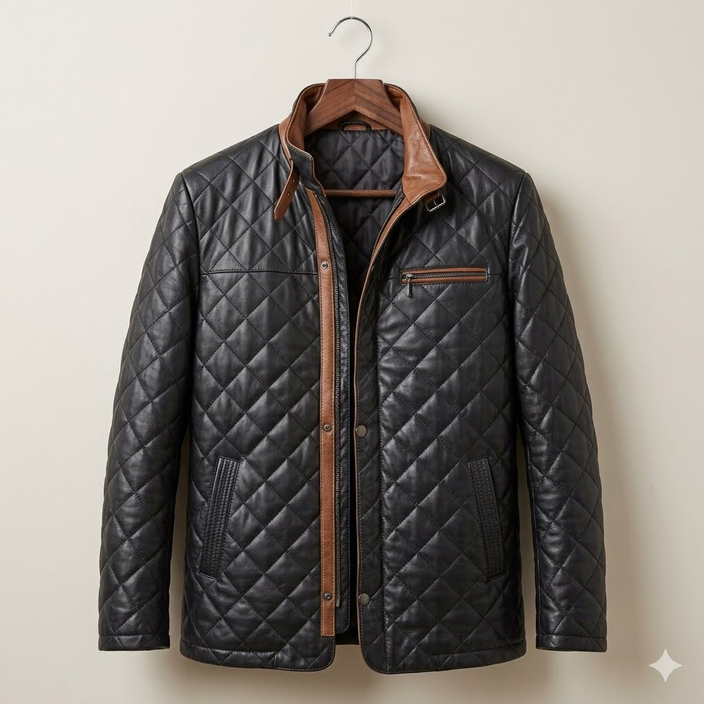Men's Black Quilted Leather Jacket with Brown Trim – Diamond Stitch Motorcycle Biker Jacket