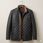 Men's Black Quilted Leather Jacket with Brown Trim – Diamond Stitch Motorcycle Biker Jacket