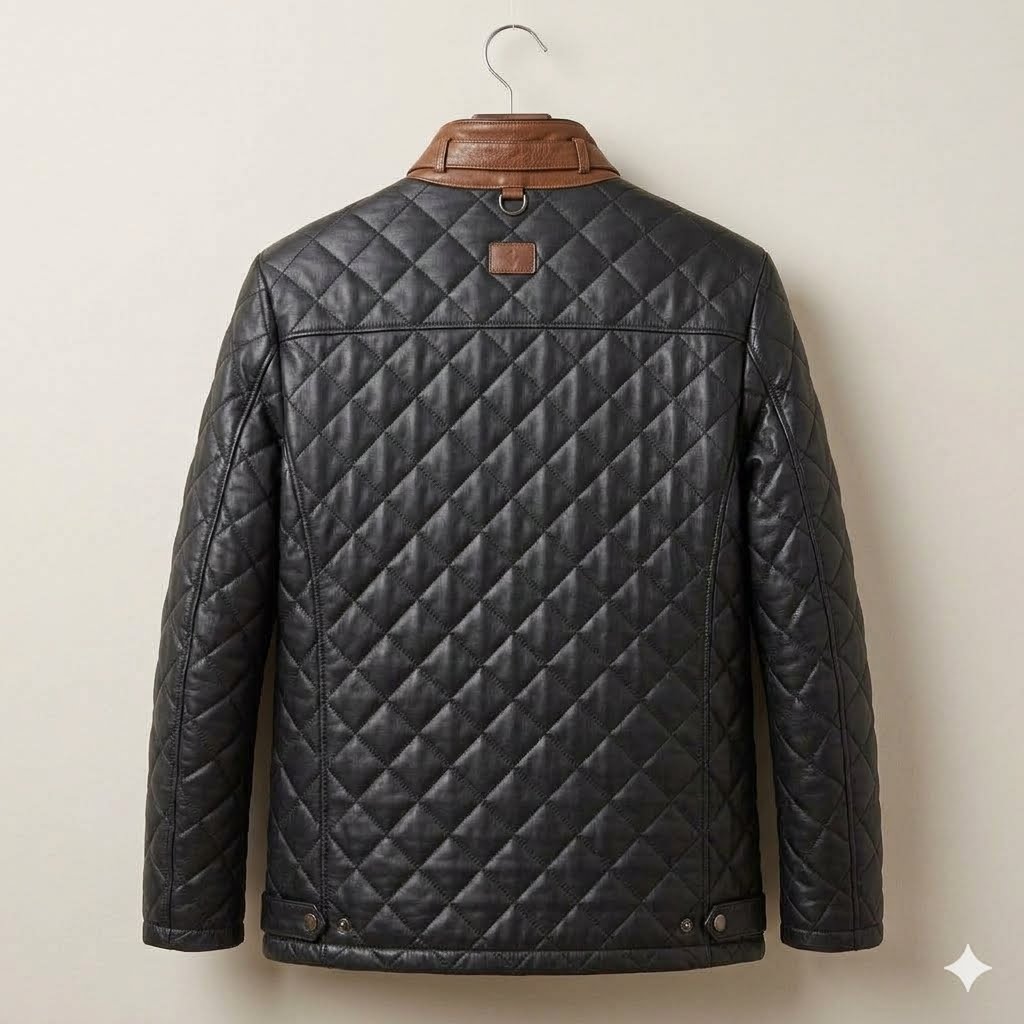Men's Black Quilted Leather Jacket with Brown Trim – Diamond Stitch Motorcycle Biker Jacket