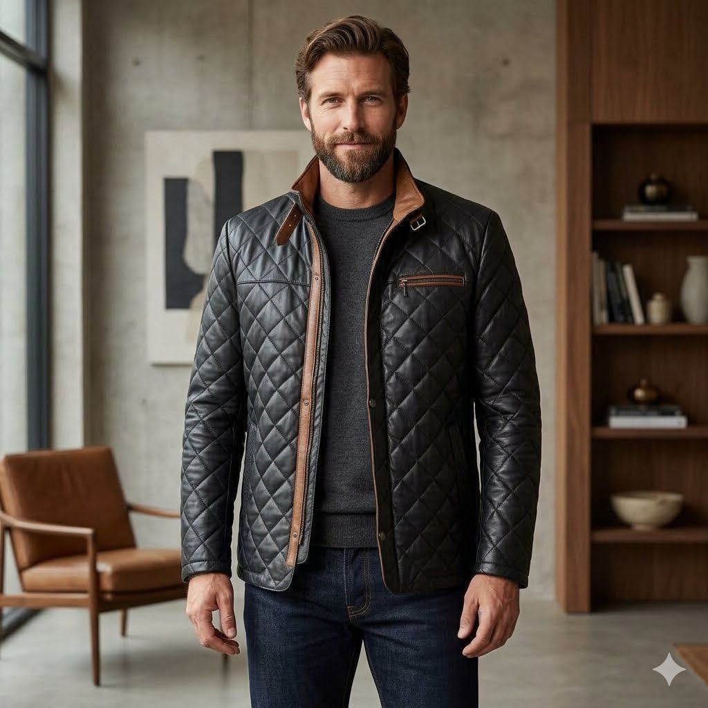 Men's Black Quilted Leather Jacket with Brown Trim – Diamond Stitch Motorcycle Biker Jacket