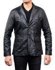 Men’s Black Leather Blazer Jacket – Slim Fit Smart Casual Formal Jacket