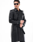 Men’s Long Black Leather Trench Coat – Premium Double Breasted Winter Coat
