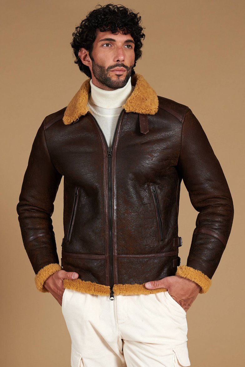 Men’s Brown Shearling Leather Jacket – Premium Aviator Winter Jacket