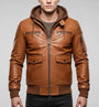 Men’s Hooded Leather Jacket – Casual Tan Zip-Up Streetwear Jacket