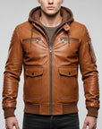 Men’s Hooded Leather Jacket – Casual Tan Zip-Up Streetwear Jacket