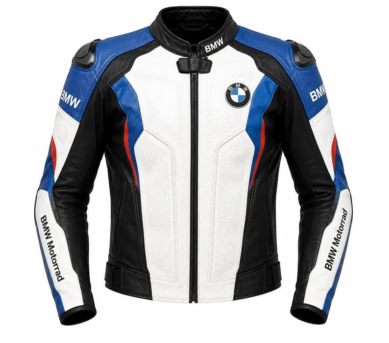 BMW Motorrad Leather Motorcycle Racing Jacket – White Black Blue Biker Protective Jacket for Men &amp; Women