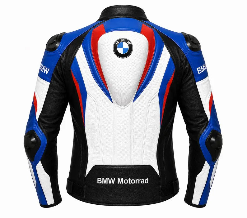 BMW Motorrad Leather Motorcycle Racing Jacket – White Black Blue Biker Protective Jacket for Men &amp; Women