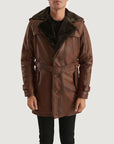 Men’s Premium Brown Leather Trench Coat – Fur Collar Winter Jacket