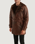 Men’s Premium Brown Leather Trench Coat – Fur Collar Winter Jacket