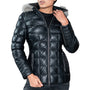 Women’s Black Leather Puffer Coat with Fur Hood | Winter Quilted Leather Jacket