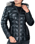 Women’s Black Leather Puffer Coat with Fur Hood | Winter Quilted Leather Jacket
