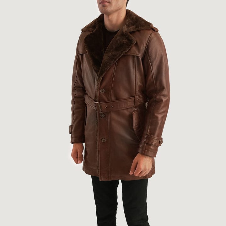 Man wearing a brown leather coat on a white background