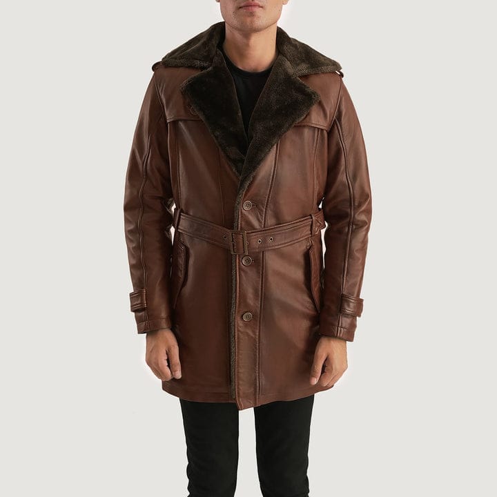 Brown leather coat with fur collar on a white background