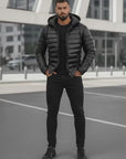 Men’s Black Leather Hooded Puffer Jacket – Winter Quilted Zip-Up Hoodie Coat