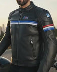 Men’s BMW Style Black Racing Stripe Leather Jacket – Premium Biker Replica