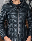 Women’s Black Leather Puffer Coat with Fur Hood | Winter Quilted Leather Jacket